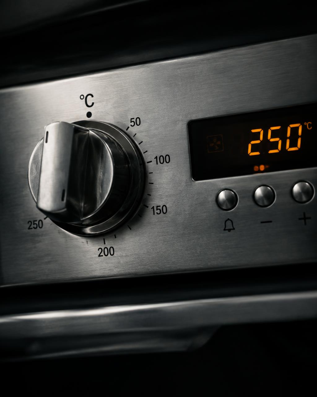 Precision temperature control on a stainless-steel oven panel