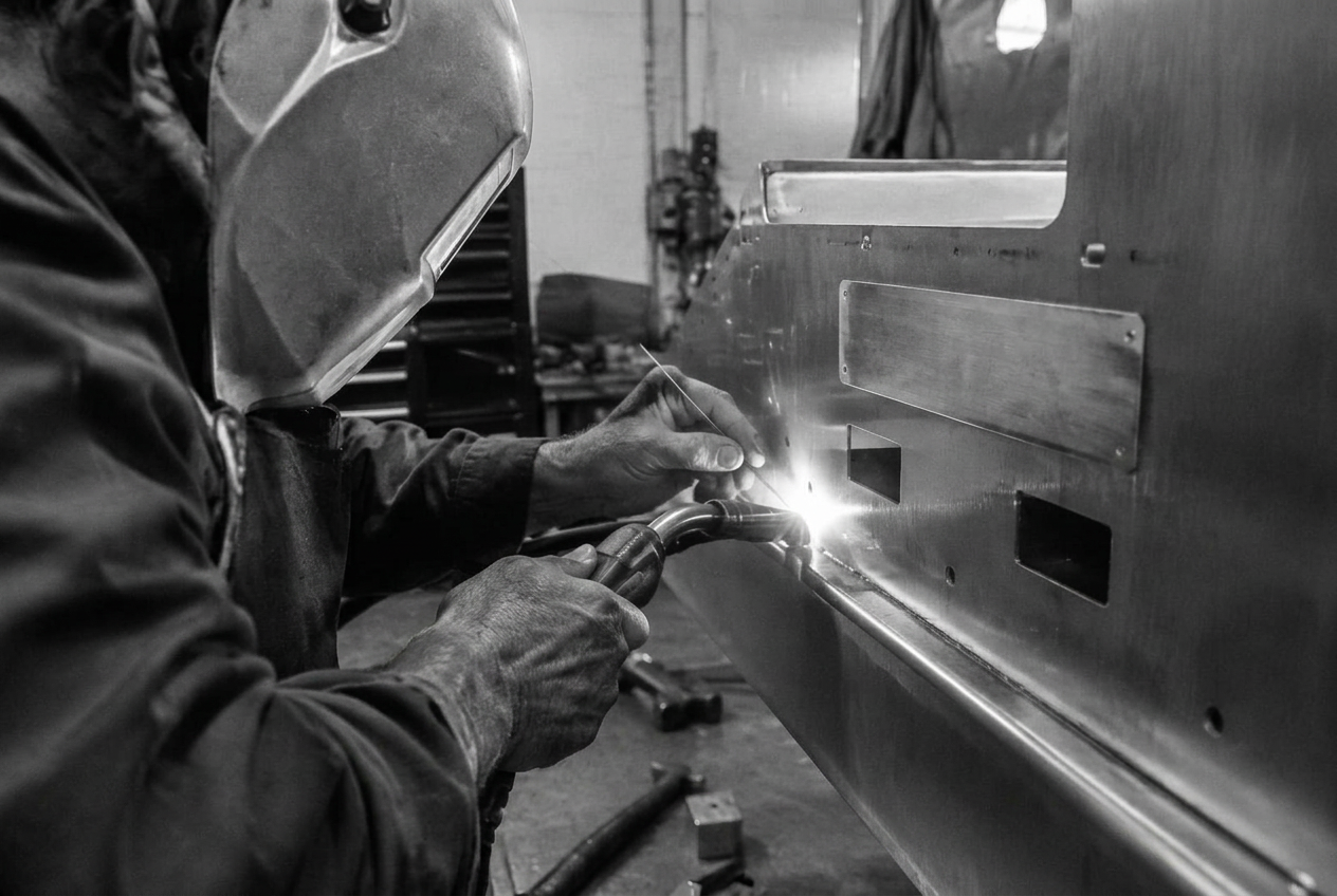 Craftsman welding a stainless-steel bakery machine panel